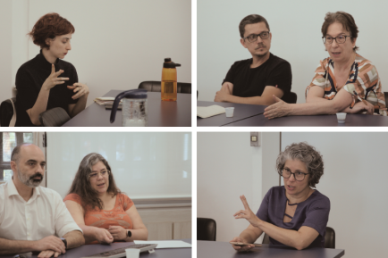 Montagem com quatro fotos de igual tamanho, duas em cima e duas embaixo. No topo à esquerda, uma jovem de cabelos vermelhos à altura das orelhas gesticula com as mãos enquanto fala e olha um caderno. Do lado esquerdo outra foto mostra dois professores, um homem branco de cabelos curtos e óculos e uma mulher de cabelos curtos e castanhos, também de óculos. Eles sentam lado a lado. Abaixo, à esquerda, um homem branco, careca e com barba levemente grisalha está sentado ao lado de uma mulher de cabelos longos e castanhos, que usa óculos e veste uma blusa laranja. Ao fundo, janelas da sala. Do lado direito, uma mulher de cabelos curtos e ligeiramente grisalhos, vestindo uma blusa azul, gesticula enquanto fala.