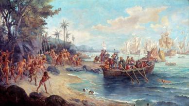 Pintura representa a chegada da frota de Pedro Álvares Cabral em 1500, em Porto Seguro.