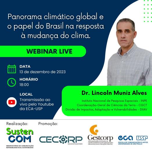 Cartaz com as cores azul e branca separadas por uma linha vertical de trajetória curva. Na parte superior esquerda, há o nome do evento em branco e, abaixo do nome, uma faixa verde com “webinar live” escrito em azul. Na parte inferior esquerda há ícones de calendário, relógio e do logotipo do YouTube, indicando as informações de data, horário e transmissão. No lado direito, no fundo branco, de cima para baixo, há um conjunto de pontos verdes, a foto de um homem de meia idade e pele clara com cabelos curtos escuros, vestindo camisa xadrez cinza, e uma caixa de texto verde com com nome e currículo breve do palestrante. Abaixo, há uma faixa branca com logotipos de organizadores.