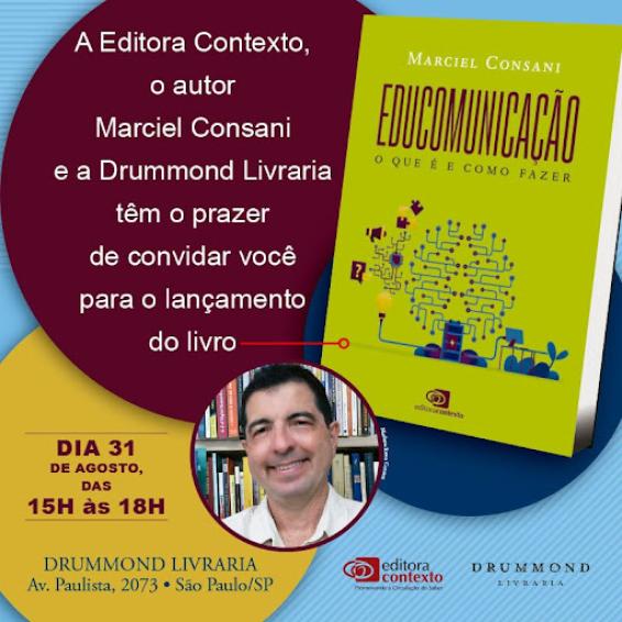 Cartaz de divulgação do evento. Há três círculos coloridos, um vermelho, um azul e um amarelo. O vermelho está na parte de cima, com um convite para o lançamento em fonte branca. O azul está do lado esquerdo, com uma foto do livro, que tem capa verde-limão,título na cor vinho e uma ilustração com ícones e linhas com pontos nas extremidades. O amarelo está na parte inferior esquerda, com data, horário e local do evento. Na intersecção entre esses círculos, está uma foto do autor, um homem branco, de cabelos curtos, pretos e olhos castanhos. Ele está sorrindo e veste uma camisa branca. Ao fundo há uma estante de livros. No canto inferior direito, no rodapé, há o logo da livraria e da editora. O fundo é azul claro com listras finas e azuis um pouco mais escuras.