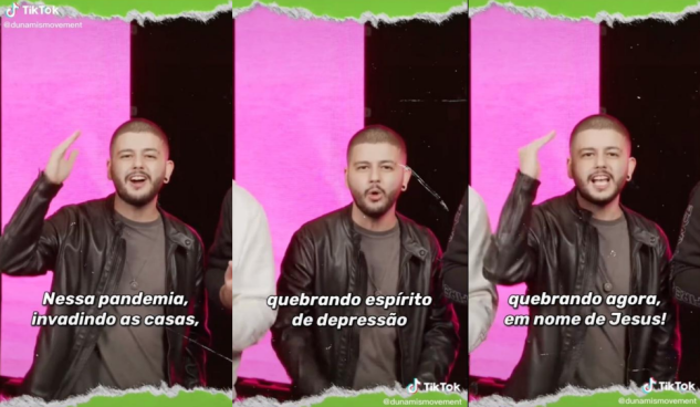 montagem de três frames de vídeo com homem branco de barba e cabelo curto de jaqueta preta e camiseta cinza. Na primeira imagem, a legenda diz “nessa pandemia invadindo as casas”, na segunda “quebrando o espírito da depressão” e na terceira “quebrando agora em nome de Jesus”. O fundo é rosa e preto.