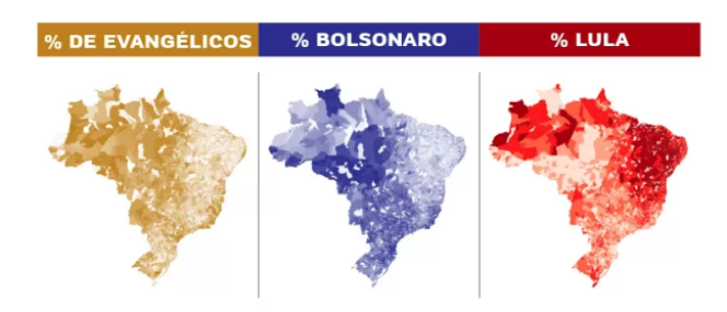 Gráfico com três imagens coloridas do mapa do Brasil, lado a lado, em diferentes cores: em mostarda mapa com áreas destacadas com maior porcentagem de evangélicos, azul para votos em Bolsonaro e vermelho para votos em Lula. Parte significativa do voto evangélico coincide com o voto em Bolsonaro, o oposto do que ocorre com Lula. O fundo é branco. 