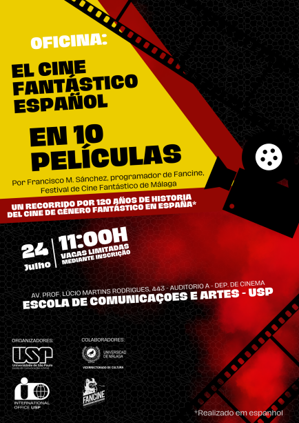 Cartaz de divulgação do evento. Sobre um fundo vermelho, destaca-se a silhueta, na cor preta, de um projetor cinematográfico que projeta um feixe de luz amarela. Na parte inferior e superior, ilustrações que representam a película cinematográfico, com retângulos vazados representando os fotogramas e perfurações nas duas laterais da película. O nome do evento e do palestrante aparecem no triângulo formado pelo feixe de luz amarela e as informações sobre data, horário e local aparecem distribuídas logo abaixo. No canto inferior esquerdo, as logomarcas de organizadores, USP e Aucani e colaboradores, Universidade de Málaga e Fancine.