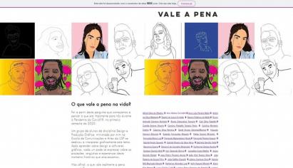 Página do site composta por autorretratos digitais, alguns coloridos e outros em preto e branco. Abaixo dos desenhos, tem-se um texto explicando o projeto e o nome dos alunos.