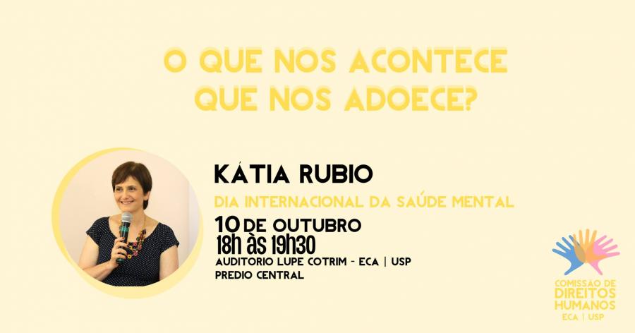 Flyer com informações do evento. Tons amarelados pastéis e retrato da convidada à esquerda.
