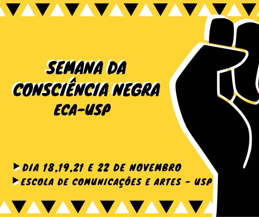 Flyer com informações do evento. Mão preta com punhos cerrados levantada à direita, título à esquerda. Fundo amarelo com padrões geométricos em branco e preto acima e abaixo.
