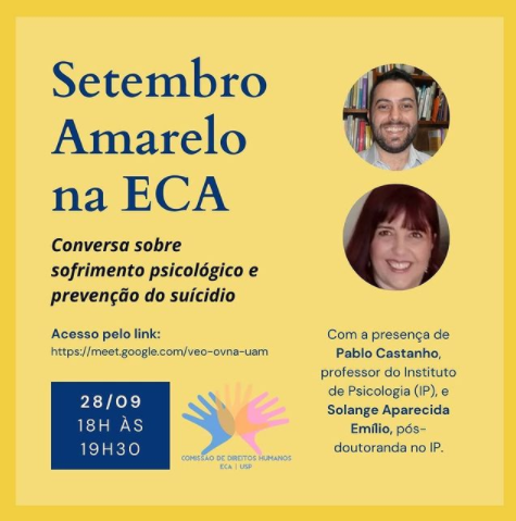 Flyer com informações do evento. Dois retratos dos convidados à direita. Título e demais informações à esquerda e abaixo. Fundo amarelo.
