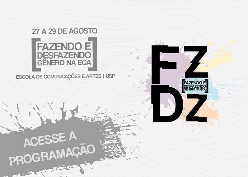 Flyer com informações do evento. Bloco de texto à direito, sinal de mais e logo à esquerda. Este consiste nas letras "F", "Z", "D" e "Z" formadas em um bloco e levemente desalinhadas.