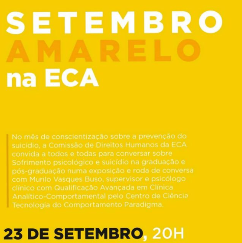 Flyer com informações do evento. Fundo amarelo gema, o título maior em branco e amarelo mais escuro. Bloco de texto abaixo.