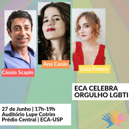 Flyer com informações do evento. Fotos dos três convidados sobre fundo colorido.