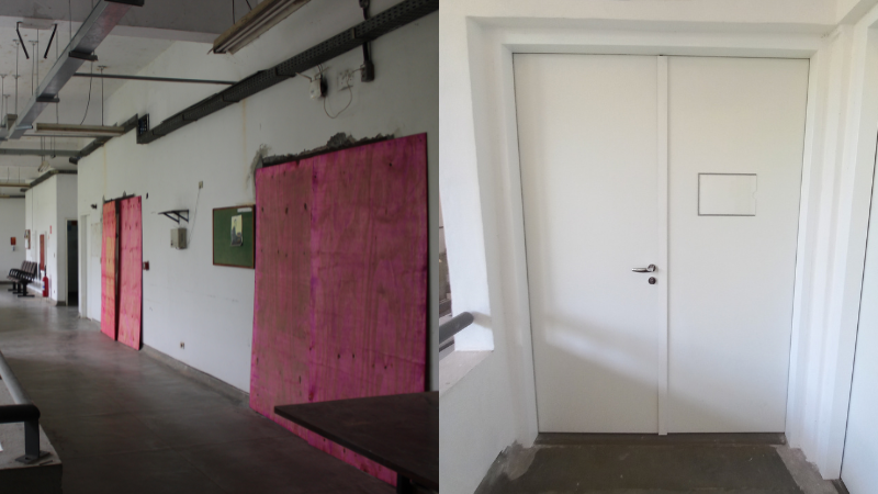 à esquerda, tapumes provisórios para a instalação de portas acústicas no CMU; à direita, nova porta, na cor branca