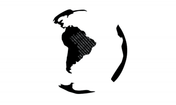 ilustração de um globo terrestre; em preto, a terra, em branco, o mar. o globo mostra o desenho da américa do sul e central em destaque