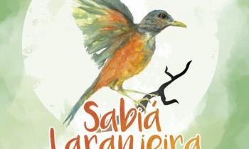 logo do projeto sabia laranjeira. Desenho de um sabiá, em tons laranja, amarelo e cinza, de asas abertas e pousando em um galho. Abaixo do desenho, em laranja, está escrito sabiá laranjeira.