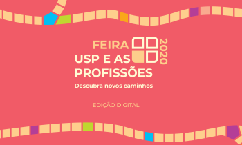 Arte digital do evento. Ao centro, estão os texto "Feira USP e as profissões 2020", "Descubra novos caminhos" e "Edição digital". As palavras estão em amarelo-claro, o fundo é vermelho e há uma moldura ao redor da imagem que passa a ideia de caminhos que se ligam.