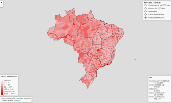 mapa do brasil, dividido por Estados, em diferentes tons de vermelho para indicar a distribuição de casos de Covid no país; fundo cinza