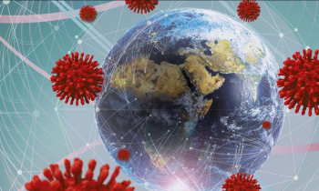 imagem parcial de um globo terrestre e, ao seu redor, desenhos de virus, na cor vermelha