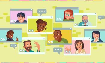 Ilustração de diversos personagens  (homens e mulheres, brancos e negros, jovens e idosos) em janelas virtuais. Atrás deles, há um fundo verde e uma moldura colorida
