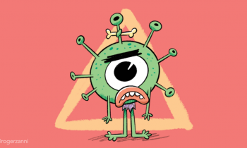 charge de um vírus, que neste desenho é verde, tem um grande olho, uma boca com dentes, pequenas mãos e pés. O fundo é laranja e atrás do virus, há o desenho de um triangulo em amarelo.