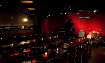 Foto de uma sala de jazz vazia, com várias mesas juntas e ornadas com velas acesas. Ao fundo, sobre um pequeno palco e de frente para uma parede vermelha, encontram-se um piano, uma caixa de som, um piano e uma bateria.