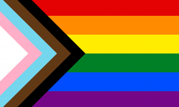 Bandeira LGBTQIAP+. Sete faixas horizontais com as cores, de cima para baixo, vermelha, laranja, amarelo, verde, azul, roxo e lilás. À esqueda, faixas em formato de V formam um triângulo cuja a base é a lateral esquerda da imagem. As cores dessas faixas, da esquerda para a direita, são branco, rosa, azul claro, marrom e preto.