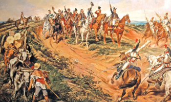 Parte da pintura Independência ou Morte. Na porção central superior está Dom Pedro I, homem branco em trajes reais que levanta sua espada e está montado em um cavalo marrom. Atrás dele estão homens brancos em vestes aristocráticas e militares montados em cavalos. Alguns levantam seus chapéus e espadas. Na porção esquerda, um homem na grama observa a cena perplexo. Ele está descalço, veste roupas simples e desgastadas, usa chapéu de palha e conduz alguns bois. No canto direito, há outros militares em cavalos