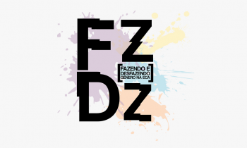 Arte digital do logotipo do projeto. Ele é formado pela sigla “FZDZ”, que aparece em destaque, e pelo nome do evento, Fazendo e Desfazendo o Gênero da ECA, ambos em letras pretas. Atrás dele, há simulações de manchas de tinta nas cores roxa, amarela, azul e laranja