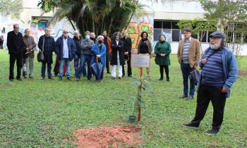 Foto de um grupo de pessoas em um gramado. Em primeiro plano, uma muda de árvore que acaba de ser plantada ao lado de uma placa em memória de Ciro Marcondes. Ao lado, um homem negro de barba grisalha e dreadlocks na altura do ombro fala. Ao fundo, homens e mulheres de diferentes idades observam a cena atentos. 