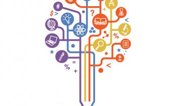 Ilustração de um lápis com a ponta para baixo e a parte de cima remete à copa de uma árvore em que os galhos têm ícones diversos nas pontas relacionados à ciência, educação e tecnologia.