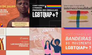 Montagem com seis cartazes produzidos pelo grupo. Três cartazes em cima, outros três cartazes em baixo. Eles tratam de temas como a parada do orgulho LGBTQIAP+, o Dia Internacional da Mulher, a Lei Maria da Penha e o que é interseccionalidade.