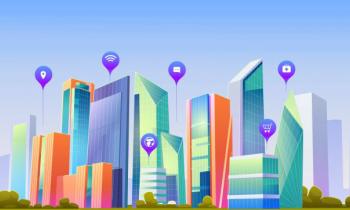 Imagem de divulgação do Ciclo Cidades Tecnológicas e Comunicativas. Fundo azul com a ilustração de vários edifícios.