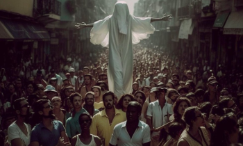 Imagem fotográfica gerada por inteligência artificial. Uma multidão de pessoas segue em uma rua. Elas estão de frente para o que seria a câmera. Do lado direito e esquerdo há casas e estabelecimentos. No centro da imagem há uma pessoa com os braços abertos, coberta da cabeça aos pés com um pano branco, que mostra somente as mãos. Essa pessoa está mais alta, como se estivesse sobre os ombros das pessoas na multidão. 