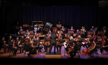 Foto de uma apresentação da Orquestra Parassinfônica de São Paulo. Pessoas, a maioria sentadas, vestidas de preto, tocam instrumentos como violoncelo, viola e violino em um palco de madeira. No centro, de costas para a câmera, um regente, com terno preto, movimenta os braços. A iluminação se concentra nos musicistas, ao redor deles há pouca luz. No fundo, uma cortina azul escuro. 