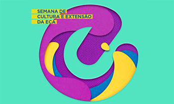 Arte digital do evento. A letra E do logo da ECA forma uma espécie de janela, por onde se veem formas de contornos arredondados nas cores azul, amarelo e roxo. No canto esquerdo superior da imagem, os dizeres Semana de Cultura e Extensão da ECA, em letras azuis dentro de caixas amarelas. 