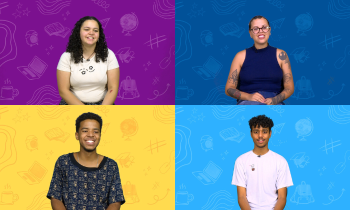 Montagem com quatro fotografias. Na parte superior, a primeira é de uma jovem de pele clara e cabelos cacheados compridos e escuros. Ela usa camiseta branca, o fundo da imagem é roxo. A segunda, é uma jovem negra pele morena, ela usa óculos, tem os cabelos presos e o fundo da imagem é azul escuro. Na parte inferior, são duas fotografias de jovens negros, ambos com cabelos curtos e escuros, o primeiro usa camiseta azul escura e o fundo é amarelo, o segundo usa camiseta branca e o fundo da imagem é azul claro