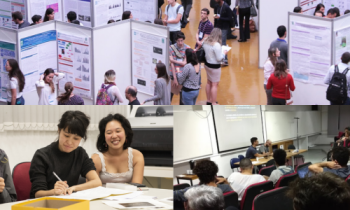 Montagem de três imagens de eventos que envolvem pesquisa. Em sentido horário: evento SIICUSP de apresentação de trabalhos de iniciação científica, com diversos estandes com cartazes de trabalhos dos estudantes, há várias pessoas na frente de cada um;  palestra do grupo de pesquisa Labidecom em que há dois apresentadores sentados dentro de um auditório com diversos ouvintes nas cadeiras; trabalho de iniciação científica realizado por três mulheres sentadas que analisam materiais dispostos em uma mesa.
