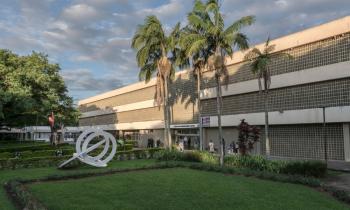 Foto da fachada do prédio central da ECA USP, em que há o prédio, algumas palmeiras em frente à entrada e um campo de grama na parte da frente, onde há uma instalação artística em destaque.