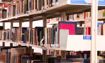 Foto de três prateleiras de uma estante de livros de uma biblioteca, posicionada em diagonal em relação ao enquadramento da imagem. A estrutura da estante é bege e os livros, que possuem etiquetas brancas na lombada, são de diversas cores e tamanhos. Ao fundo, há uma parede branca. 