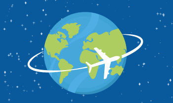 Ilustração de  um globo terrestre, com continentes em verde e água em azul. Um avião na cor branca circunda o globo deixando um rastro na mesma cor. O fundo é azul escuro com estrelinhas.
