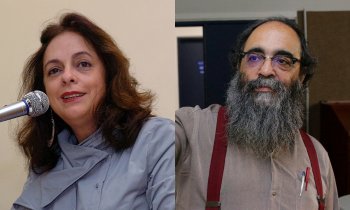 Montagem de duas fotos lado a lado. À esquerda, uma mulher branca fala ao microfone, com cabelos castanhos médios e vestindo blusa azul. À direita, um homem pardo de óculos e barba longa e grisalha  veste camisa cinza com suspensórios vinho e carrega canetas no bolso.