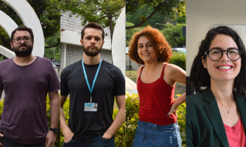 Montagem de quatro fotos. Da esquerda para a direita, a primeira é de uma homem branco, de cabelos castanhos e curtos, com barba, vestindo uma camiseta vinho; a segunda é de um homem branco, com cabelos lisos e curtos, vestindo uma camiseta preta; a terceira é de uma mulher negra, de cabelos cacheados na altura do ombro, vestindo uma regata vermelha e saia jeans;; a quarta é de uma mulher branca, de cabelos lisos e escuros, na altura do ombro, vestindo uma camiseta vermelha e paletó verde. 