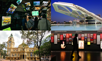 Montagem com quatro fotos. No canto superior esquerdo, um grupo de pessoas ao redor de televisões com imagens relacionadas ao futebol. No canto superior direito, uma construção grande e moderna, toda branca, com formatos lineares que se expandem sobre um espelho d'água. No canto inferior esquerdo, um edifício antigo, em tons de amarelo, com entrada ao centro, janelas na fachada e uma torre à esquerda com um relógio. No canto inferior direito, a silhueta de um homem de perfil à frente de imagens luminosas.