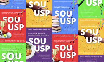 Imagem com diferentes cartazes coloridos em azul, vermelho, verde, amarelo e roxo. Todos tem a frase “SOU USP” escritas no meio em grandes letras brancas. 