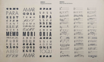 Página amarelada que exibe, no lado esquerdo, um poema concreto, com palavras diversas e fragmentadas, com tipografias diferentes e distribuídas em três colunas. No lado direito, uma partitura musical também distribuída em três colunas. No topo, os dizeres Memos, Augusto de Campos, e Música, Willy Corrêa de Oliveira. No canto inferior direito, um logo com um globo terrestre e os dizeres MCA do Brasil Editora Musical Ltda. 