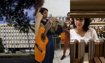Montagem com partes de três fotos. A primeira de um prédio residencial de sete andares  branco e amarelo com muitas janelas , uma fileira de carros na frente e algumas árvores. A segunda tem três pessoas jovens, um homem branco, uma mulher branca e uma mulher negra, com instrumentos musicais  em uma sala de aula. A terceira foto tem uma mulher branca de cabelos castanhos, curtos e cacheados mexendo em livros em uma estante vazada com outras estantes atrás dela.