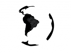 ilustração de um globo terrestre; em preto, a terra, em branco, o mar. o globo mostra o desenho da américa do sul e central em destaque