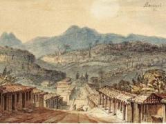 antiga pintura de uma rua de terra; de um lado e de outro da rua, casas semelhantes e uma ao lado da outra; ao fundo uma cadeia de montanhas