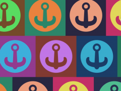 Ilustração contendo as várias logos do E.I.T.A. Todas são compostas por âncoras, situadas dentro de círculos, que estão dentro de um quadrado. São as cores que variam de uma logo para a outra. Isso é feito para representar a diversidade de ideias e pessoas que participam do cursinho.