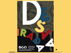 CAPA DA REVISTA DESVAIRADA, sobre um fundo amarelo. A palavra desvairada é escrita com letras de tamanhos e cores diferentes, dividida em dois expirais. Ao fundo , um desenho parcial de uma boca aberta, revelando os dentes, em tons de marrom e preto.