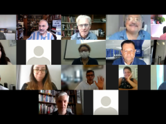 reprodução de tela do zoom: 11 pequenos quadrados (quatro linhas e três colunas) mostram o rosto de cada pesquisador que participa da reunião online
