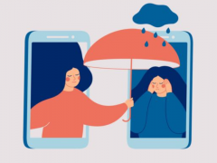 ilustração em tons de azul claro, azul escuro, branco e laranja. Dois celulares, um ao lado do outro. Em um, uma jovem está com as mãos sobre as orelhas e uma nuvem com gotas de chuva paira sobre ela. Em outro, outra jovem sai da tela do celular e segura um guarda chuva sobre a cabeça da jovem que está com as mãos nas orelhas.
